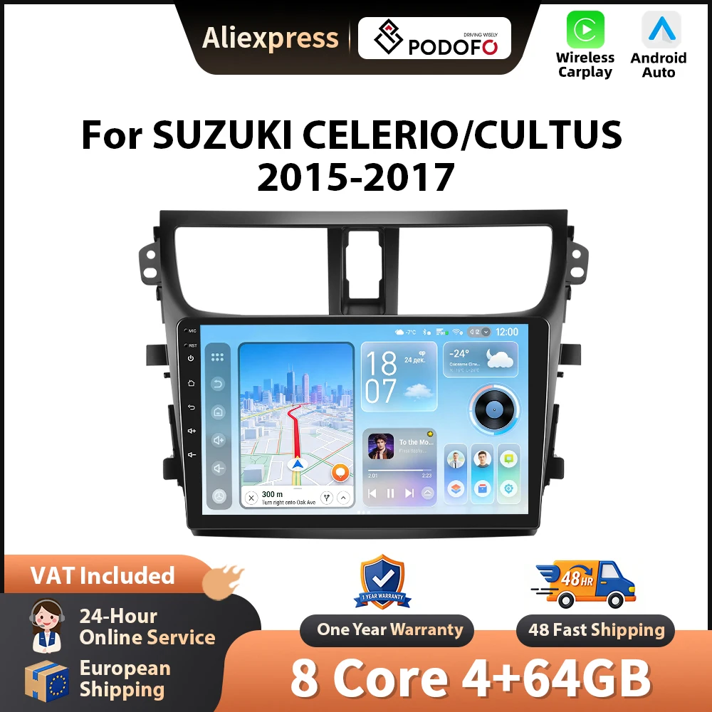 Podofo 9'' Autoradio für SUZUKI CELERIO/CULTUS 2015-2017 Kabelloses CarPlay Android Autoradio WIFI GPS 2din Radio FM/RDS BT