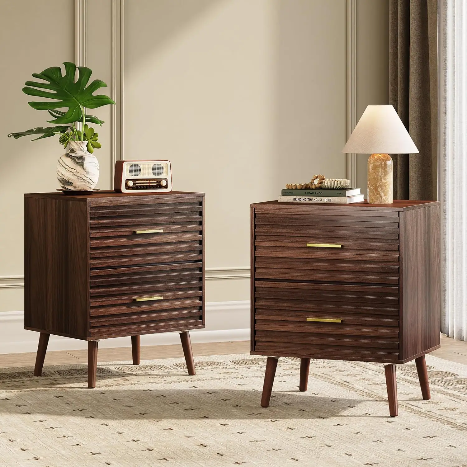 

Комплект из 2 прикроватных тумбочек в стиле Mid-Century Modern с рифлеными ящиками, тумбочки из орехового дерева с местом для хранения, на заказ