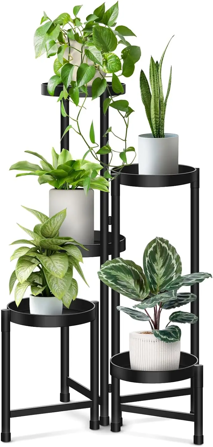 Metal Plant Stands for Indoor: 5 Tier Foldable Corner Flower Stands Shelf Plants Holder Display for Patio Garden Living Room Bal