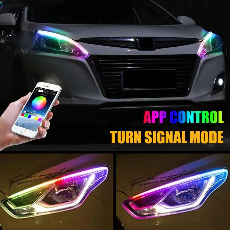 

2 шт. DRL автомобильные светодиодные дневные ходовые огни супер яркие с управлением через приложение гибкая RGB плавная полоса указателя поворота фар декоративная лампа