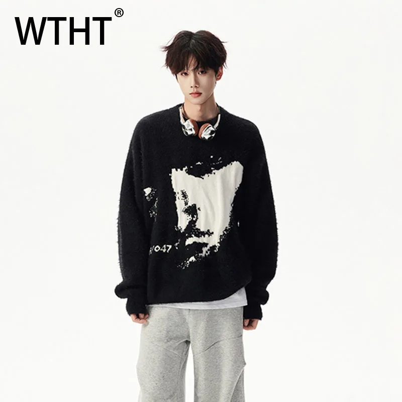 

WTHT Fashion Men's Graffiti Contrast Color Knit Sweater Trendy American Style O-neck Casual T-shirts Male 2025 Autumn 2A2193