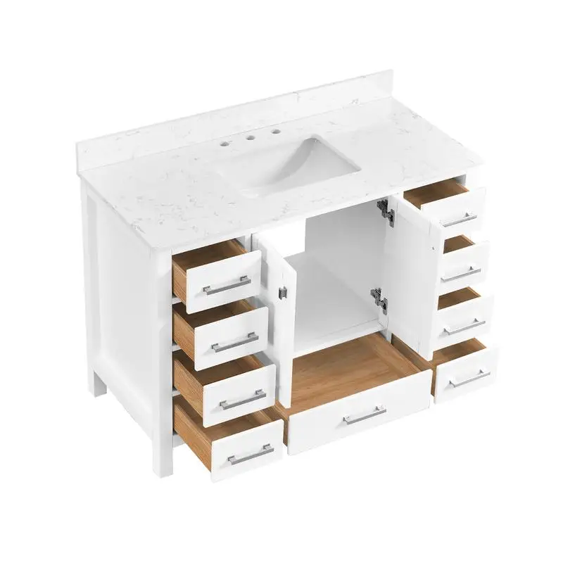 غرور حمام مقاس 48 بوصة، وحدة قائمة بذاتها مع جزء علوي، خزانة تخزين حمام بإطار من الخشب الصلب، تصميم أنيق وعملي لـ #5