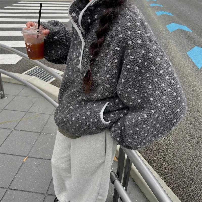 

Женский флисовый пуловер большого размера в горошек с полумолнией Тедди, куртка свободного покроя, теплая верхняя одежда на осень-зиму, уютный повседневный вид