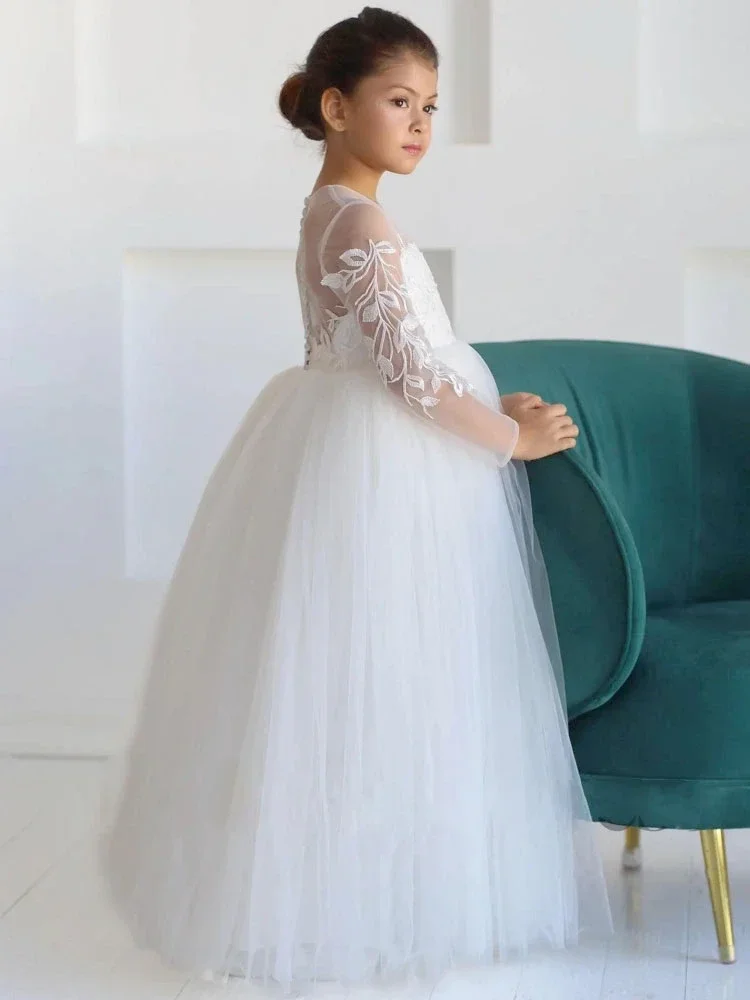 Vestidos blancos de tul con flores para niña, apliques de manga larga para boda, cumpleaños, graduación, banquete, vestidos de comunión personalizados