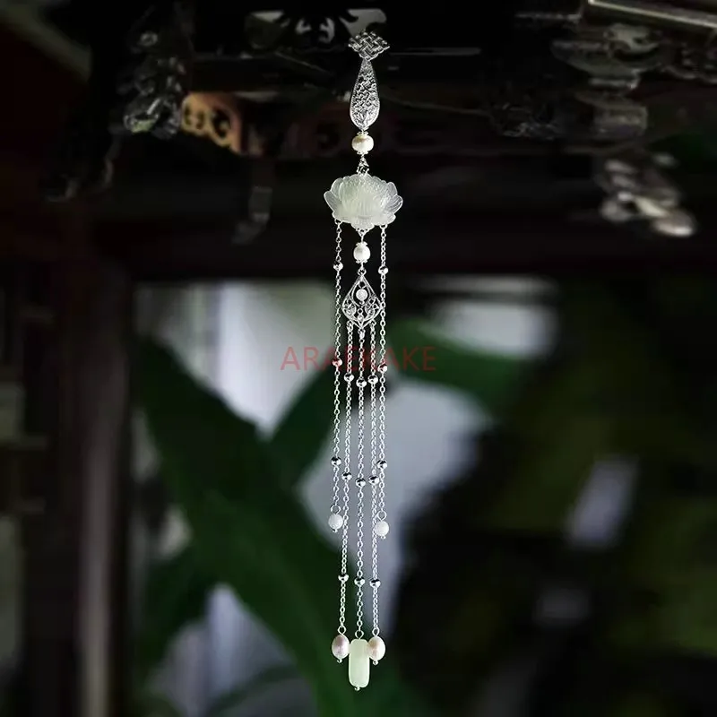 Natural white agate lotus long tassel paired with cheongsam Chinese style pendant with Chinese style