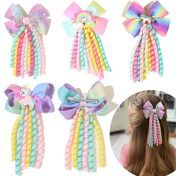 Sweet Unicorn Hair Clips For Girl Bow Barrette Cute Tassel Ribbon Curly Ponytail Hairpins…