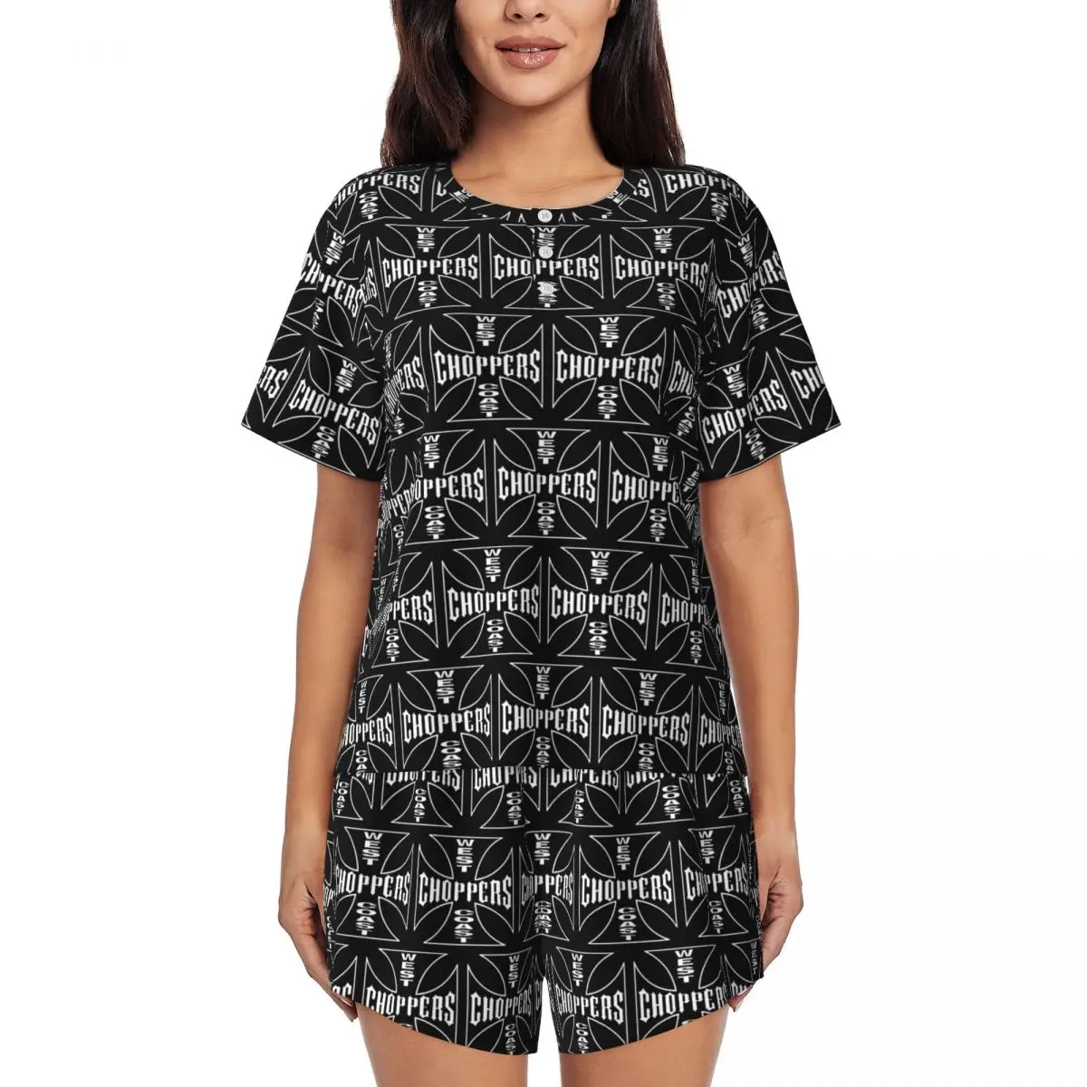 

Personalized West Coast Iron Cross Choppers Round Neck Short Sleeve Nightgowns for Sleeping Women Loose Pajama Set Short Pants