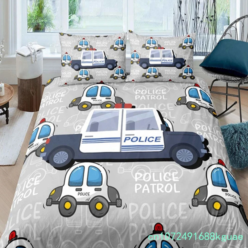 3D Car King Queen Duvet Cover Cartoon Car Bedding Set Kids Boys Blue Grey Emergency Responder Vehicles Polyester Quilt Cover