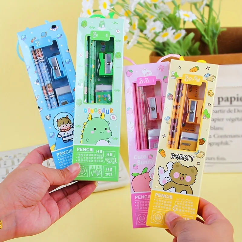 5 in 1 Cute cartoon Portable pencil Set Stationery set Children's Gift Pencil eraser sharpener ruler school supplies