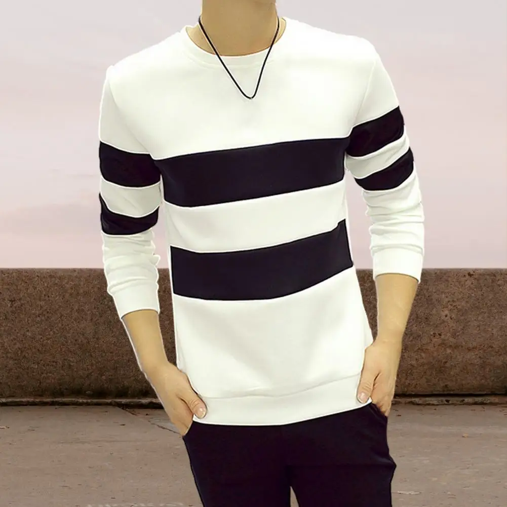 Slim Cut Men Sweatshirt Slim Fit Men's Patchwork Striped Crew Neck Sweatshirt Breathable Long Sleeve Pullover Tops for Autumn