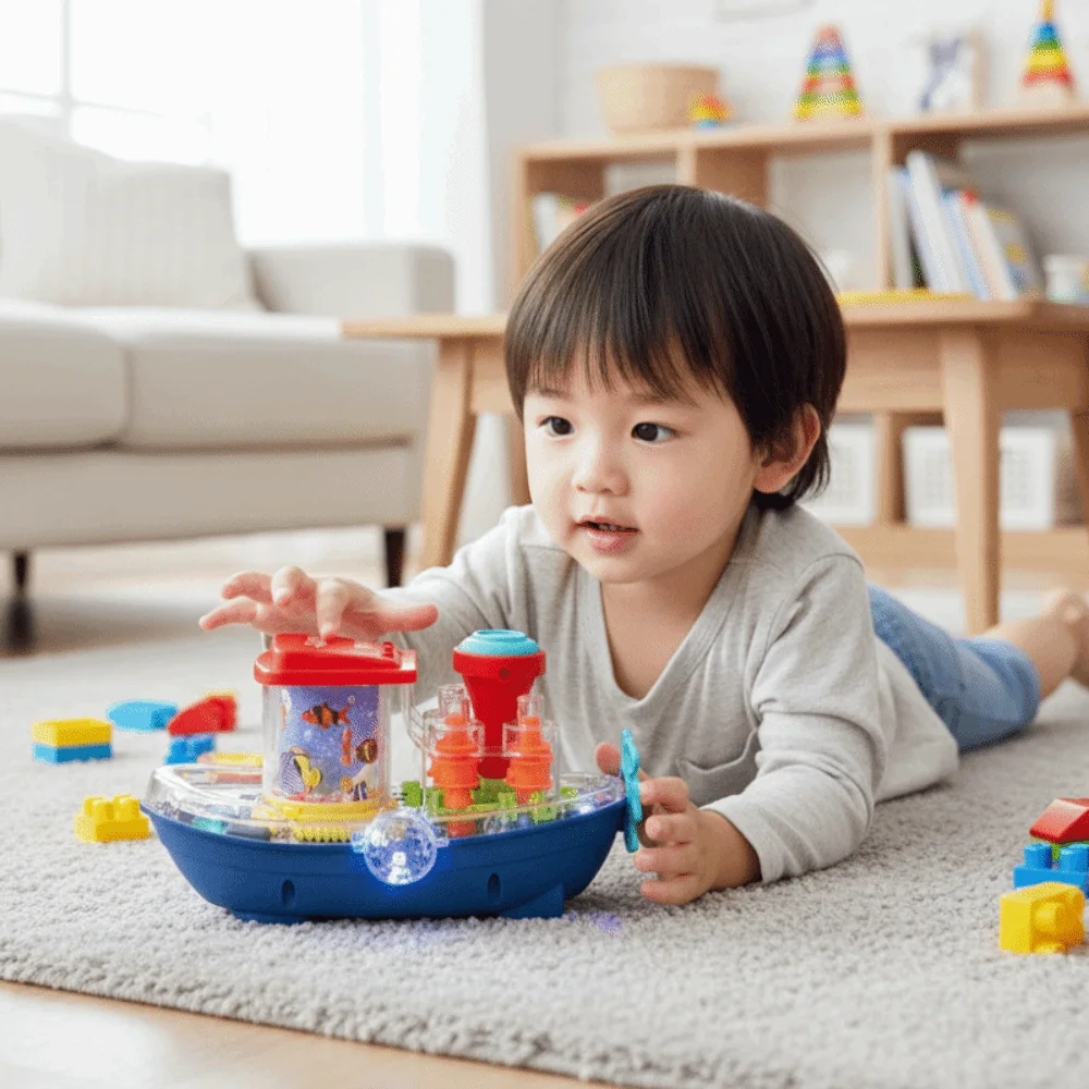 

Travel Plastic Transparent Gear Mechanical Car Sound Light Electric Moving Boat Musical Ship Children