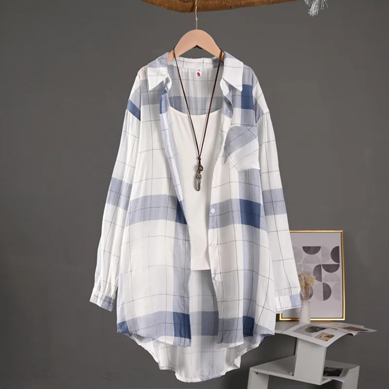 Koszula w kratę średniej długości, duży rozmiar, luźna, zakrywająca biodra, koszula przeciwsłoneczna, casualowa bluzka, koszula z długim rękawem, cienka kurtka, odzież damska plus size.