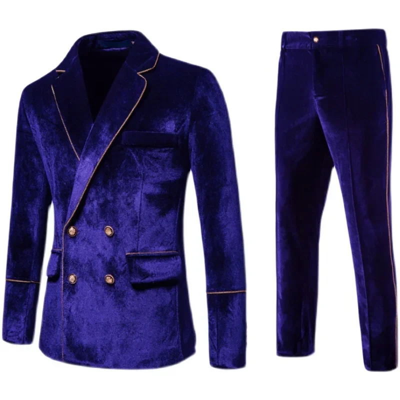 Fashion Men's High-end Velvet Inlaid Gold Lace Double Breasted Solid Suit Dress Performance Set Ceremony Costume Men Clothing