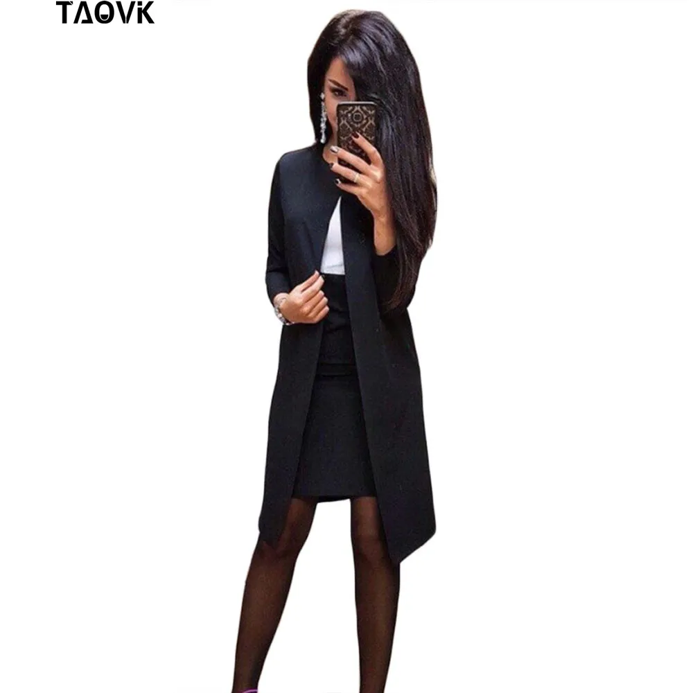 TAOVK Office Lady Work Dress Suits Elegant 2 Piece Sets Women Long Blazer Jacket + Sleeveless Slim Dresses Suits Femme