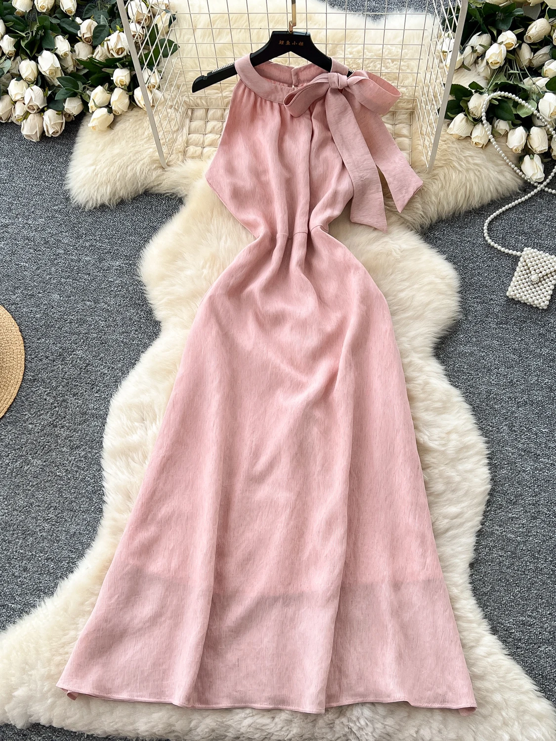 فستان صيفي أنيق بدون أكمام مع تصميم متدلي عند الرقبة، فستان طويل نحيف بخصر مرتفع للنساء، أزياء فاخرة على الطراز الكوري بتصميم...