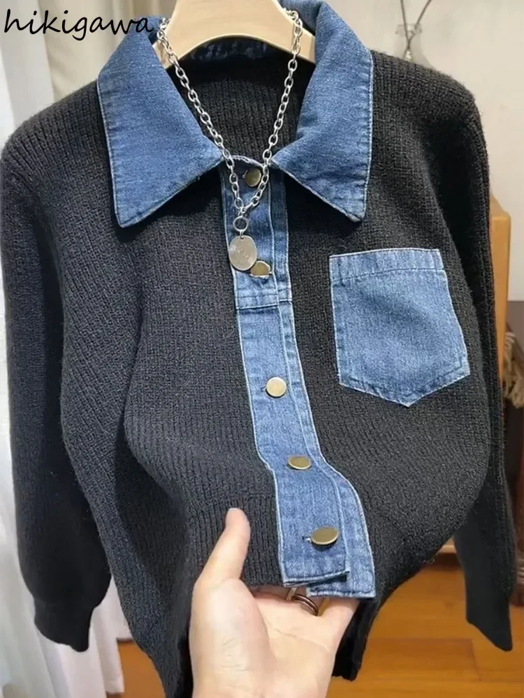 Casual Cropped Cardigan Jackets Women\'s Clothing Patchwork Denim Fashion Sueter Mujer Long Sleeve Knitting Sweater Y2k Tops