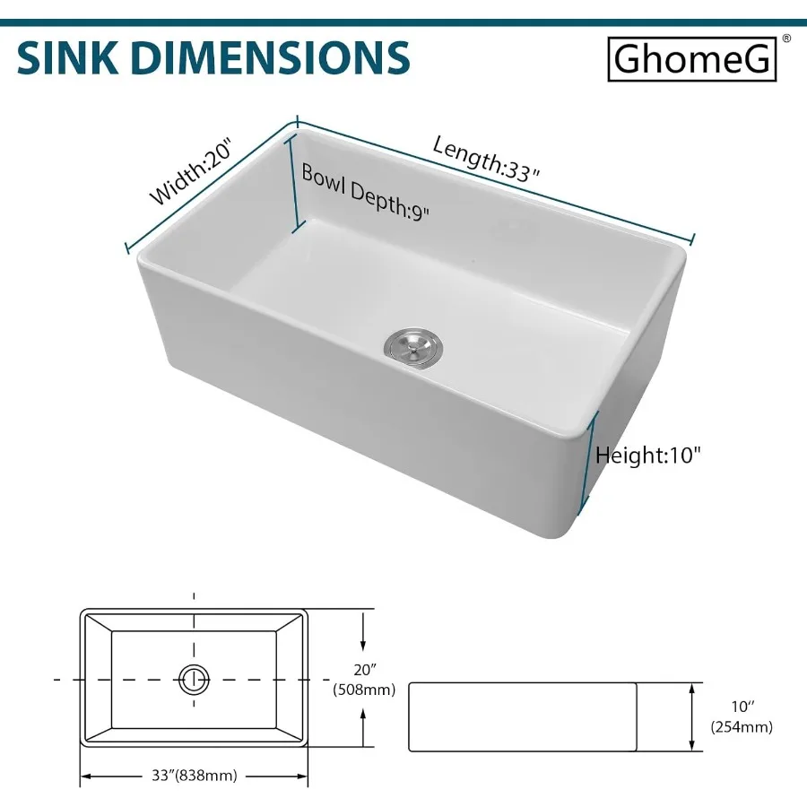 33 Inch White Farmhouse Sink with Fireclay Material 33X20X10 Inch Single Bowl Apron Front Kitchen Sink in Porcelain Ceramic Lar