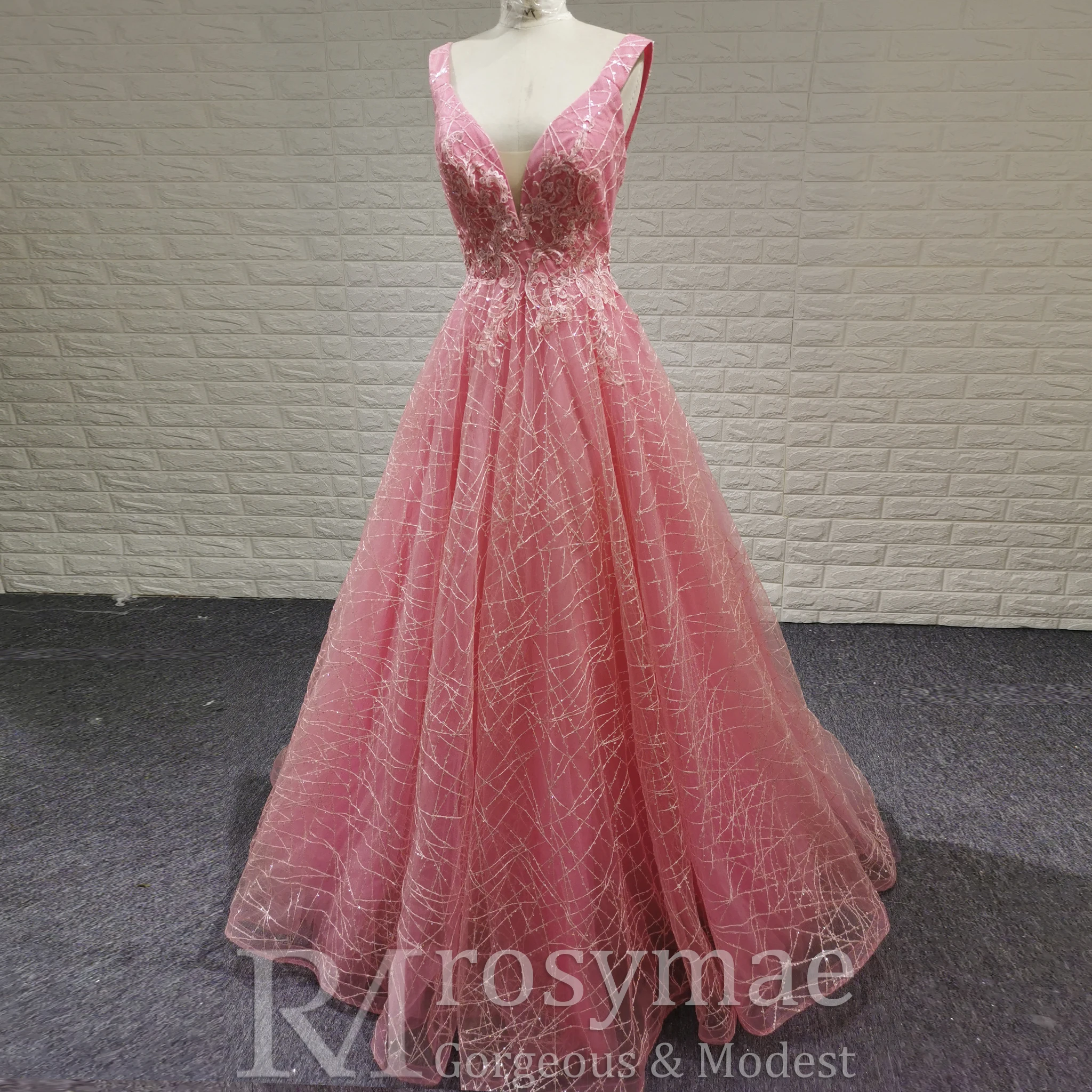Rosymae Pink Prom Dress Elegant A-Line V-Neck Open Back Design Sparkling Gown with Chapel Train for Prom Weddings Formal Events