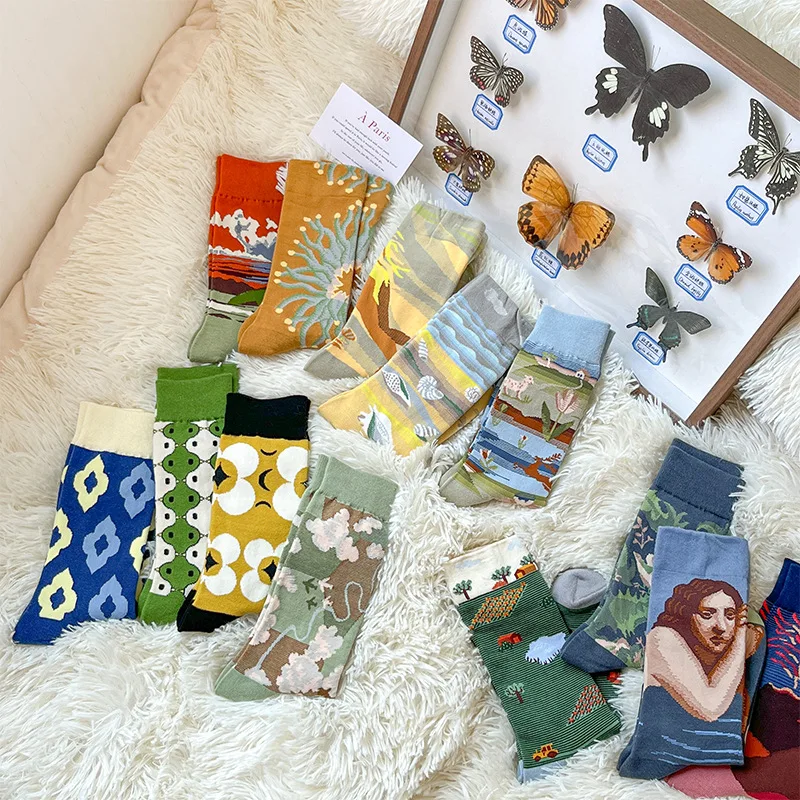 1Pack/4 Pair Woman Man Autumn Winter Socks Soft Cotton Artistic Couple Socks Famous Oil Painting Series Long Socks with Box Gift