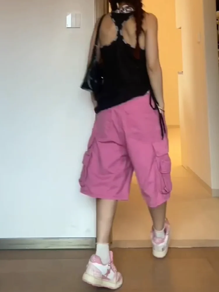 Sweet Cool Spicy American Style Pink Workwear Five-Point Denim Shorts Women Summer New Loose Slim Wide Leg Mid-Pants