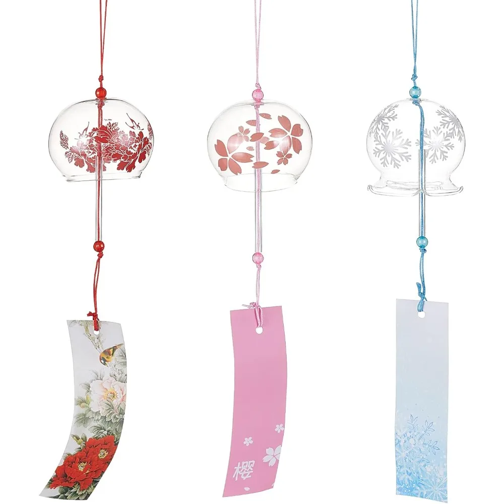 3PCS Japanese Wind Chimes Pink Cherry/Red/Blue Glass Wind Bells Handmade Pendants for Birthday Gift, Home Christmas Party