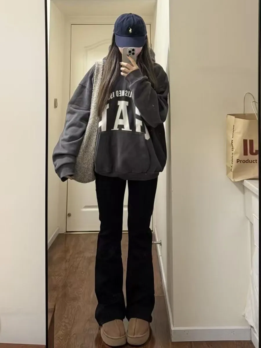 

Большие размеры, черные эластичные расклешенные джинсы с высокой талией, женские осенние узкие прямые брюки-копыта Pear Ape, повседневные брюки