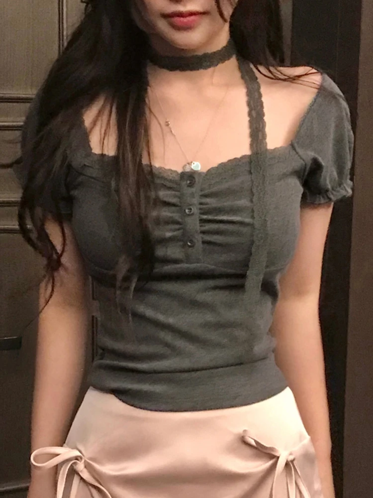 قميص نسائي صيفي أنيق من Amyway بياقة مربعة وأكمام قصيرة مع ربطة عنق، تصميم شبابي مناسب للعمل