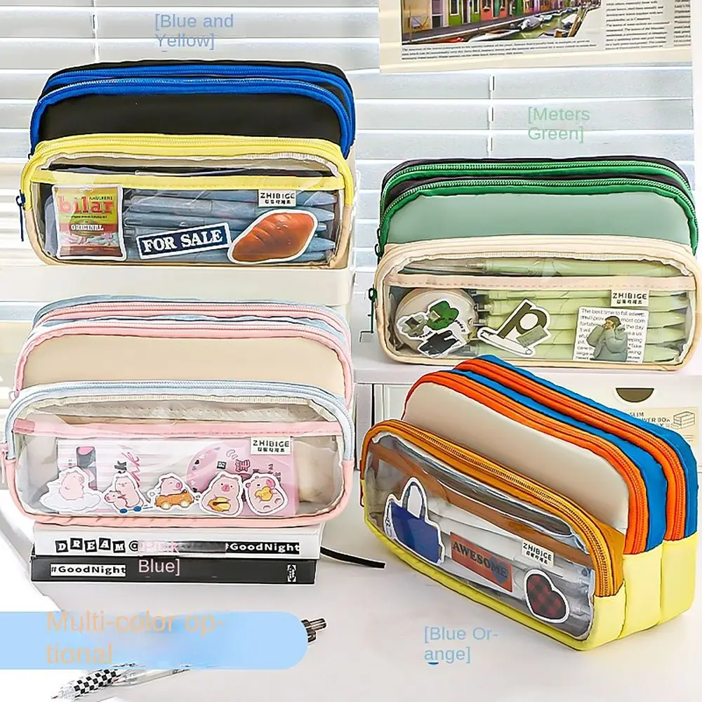 4 Layers Pencil Case Large Capacity Color Stitching DIY Badge Pen Bag Transparent Window Multi-functional