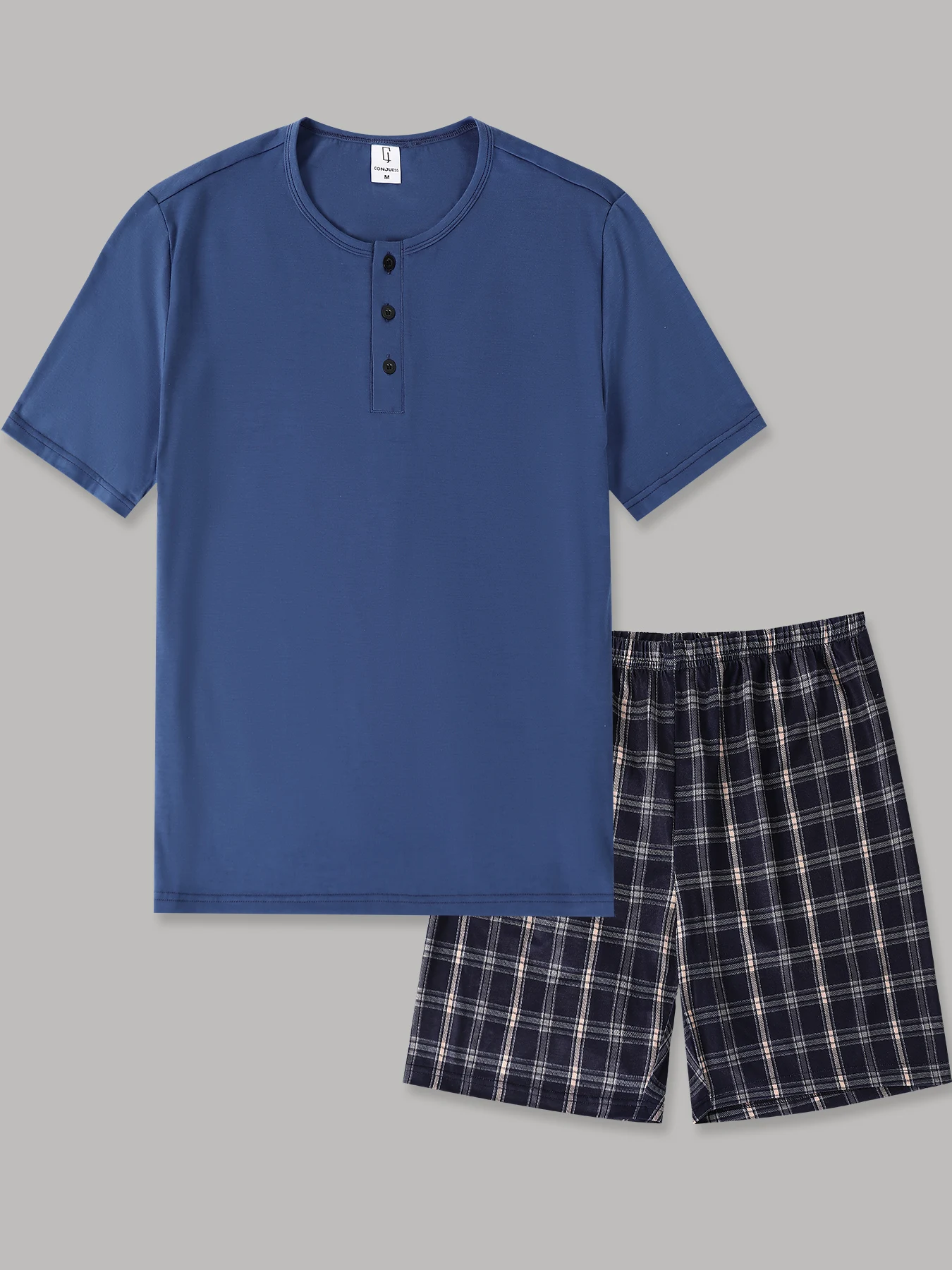 

Men's Navy Henley Neck T-Shirt Plaid Shorts Loungewear Set 2 Piece Comfortable Summer Pajamas