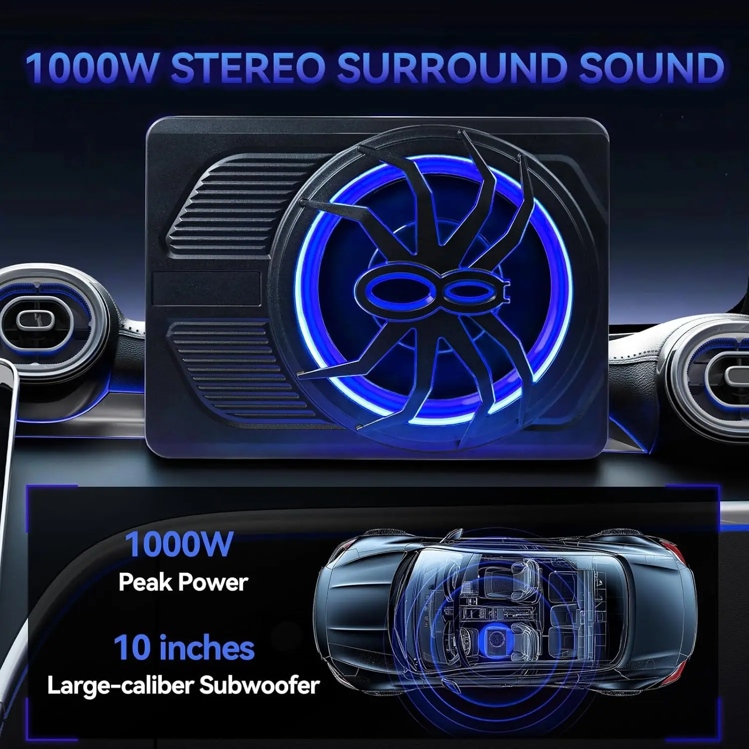 

1000W Car Subwoofer, 10'' Slim Under Seat Powered Car Subwoofer w/Built-in Amplifier & Hi/Lo Input, Bass Speaker Subwoofer