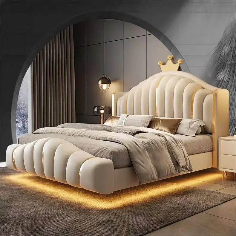 Italian light luxury adult suspension high-end LED smart leather double bed