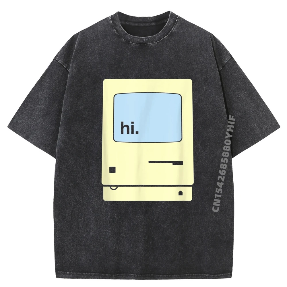 

Friendly Computer Saying Hi Picture Plain T Shirts Wholesale Short Sleeve Tee Mens Vintage Washed Shirt