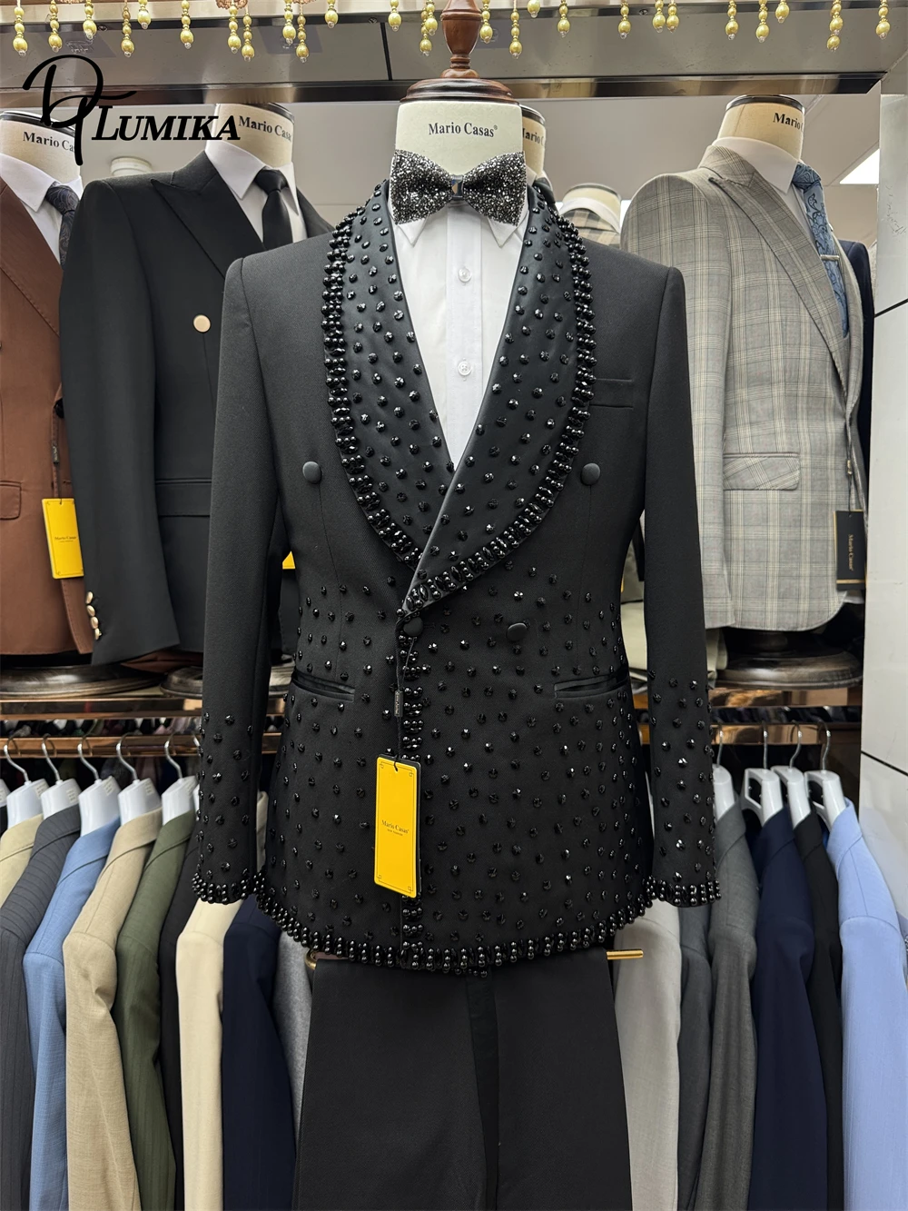 Dtlumika conjunto de terno de duas peças masculino de alta qualidade duplo breasted strass ternos do noivo formal baile de formatura roupa de festa jaqueta e calças