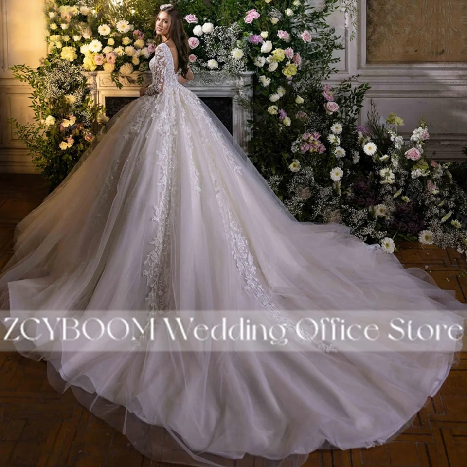 Abiti da sposa eleganti con scollo a V maniche lunghe illusione avorio 2025 Abiti da sposa con applicazioni in pizzo principessa Abiti da sposa Abiti da sposa