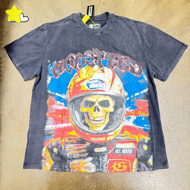 

Heavy Fabric Cotton Oversized Godspeed Short Sleeve Tee Men Women Skeleton Print Vintage Washed Black God Speed T Shirt Tags