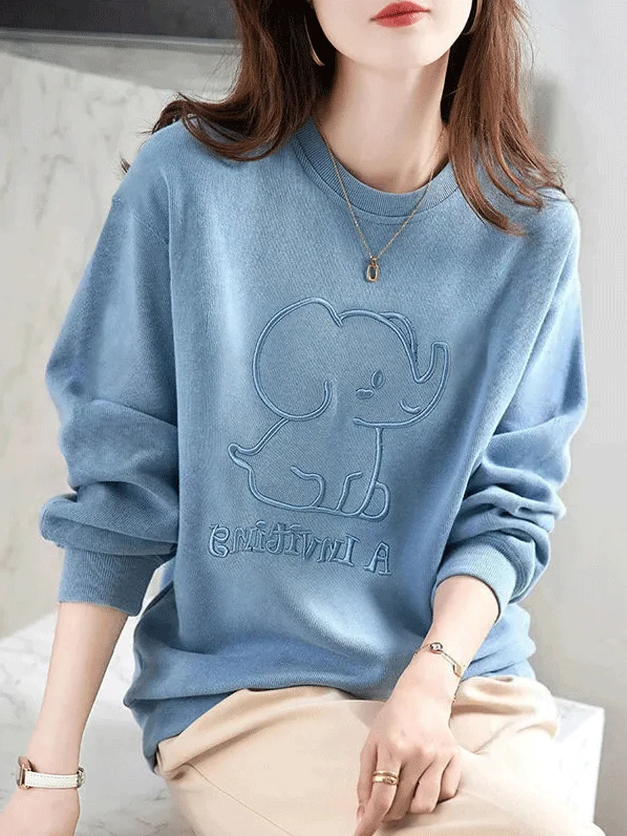 Reine Baumwolle runde Ne Sweatshirt frauen Leichte Lose Casual Faionable Cartoon Stickerei Hoodie Frühling Herbst Neue Ar...