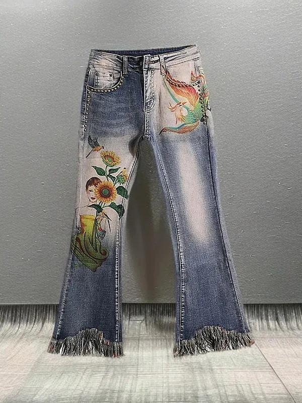 

Slimming High Waist Bell Bot Denim Jeans Women's Elastic Printed Diamond Embellied Casual Faionable Nine Point Zipper