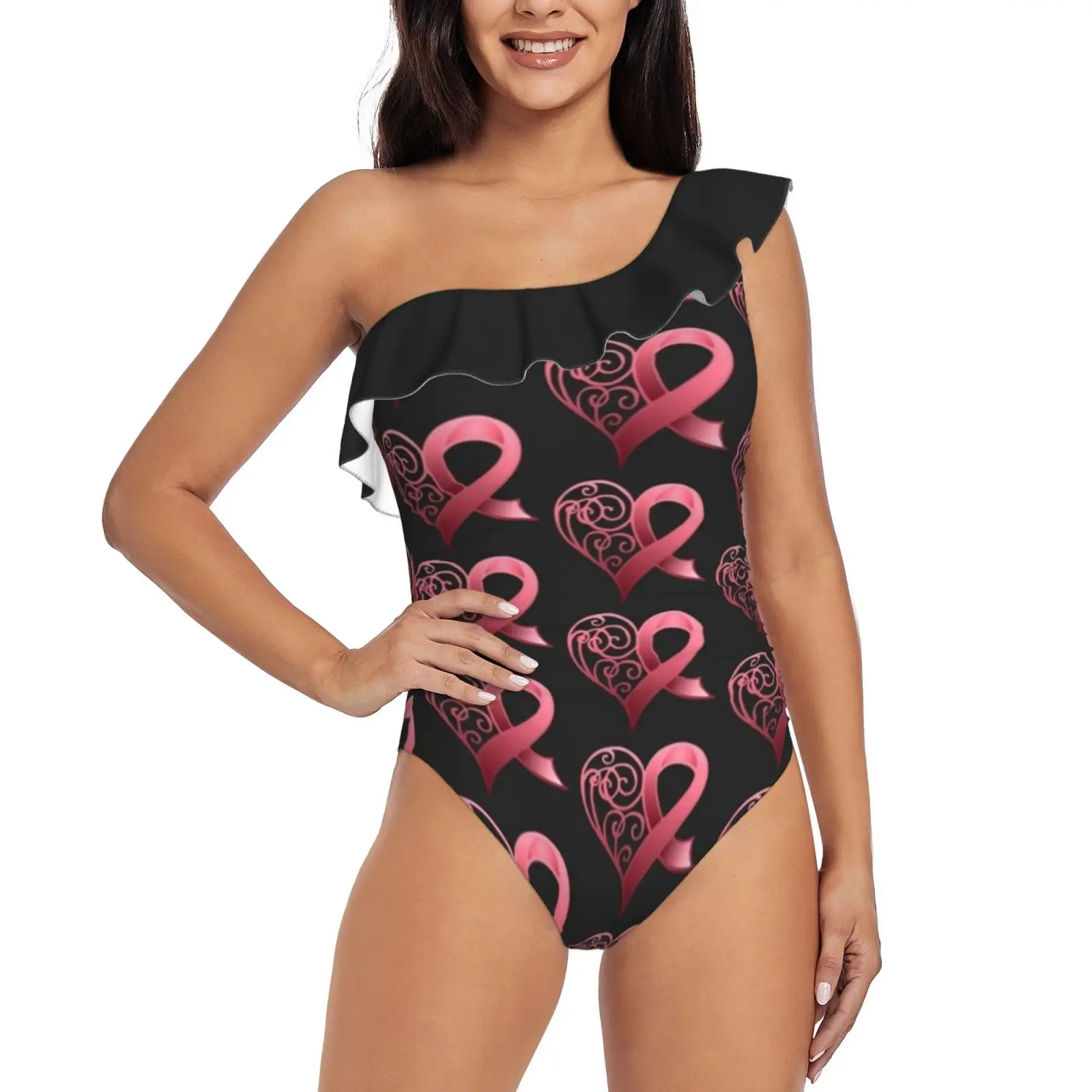 

Pink Awareness Ribbon In Heart One-Piece Swimsuit One Shoulder Ruffle Swimsuit Sexy Monokini New Girl Beach Swimwear Breast