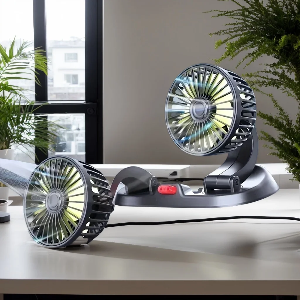 

Автомобильный вентилятор с двумя головками — 5 В/12 В/24 В, совместимый с USB и прикуривателем, 360° ° Вращение для автомобилей и грузовиков (летний подарок)