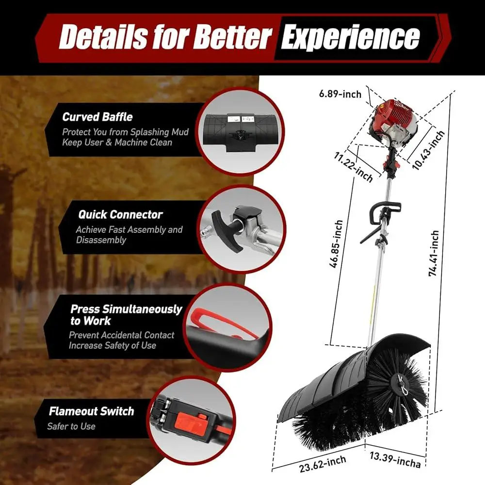 52cc 2.3HP เครื่องกวาดแก๊สเดินด้านหลังไม้กวาดที่มีประสิทธิภาพทนทาน High Power เครื่องยนต์สนามหญ้ากรวดสนามหญ้าทําความสะอาด