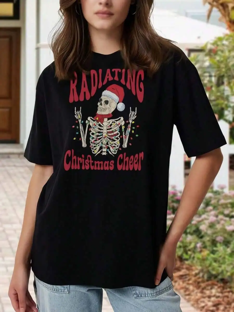 Womens Christmas Skeleton T-Shirt Radiating Cheer Short Sleeve Tees Funny Holiday Tops Men Women Santa Hat Rock On Bones Festive 100% Cotton Trendy Y2K Short-Sleeve Tee-Soft, Quick-Drying, Moisture-Wicking;  Great Gift for Christmas or Halloween.