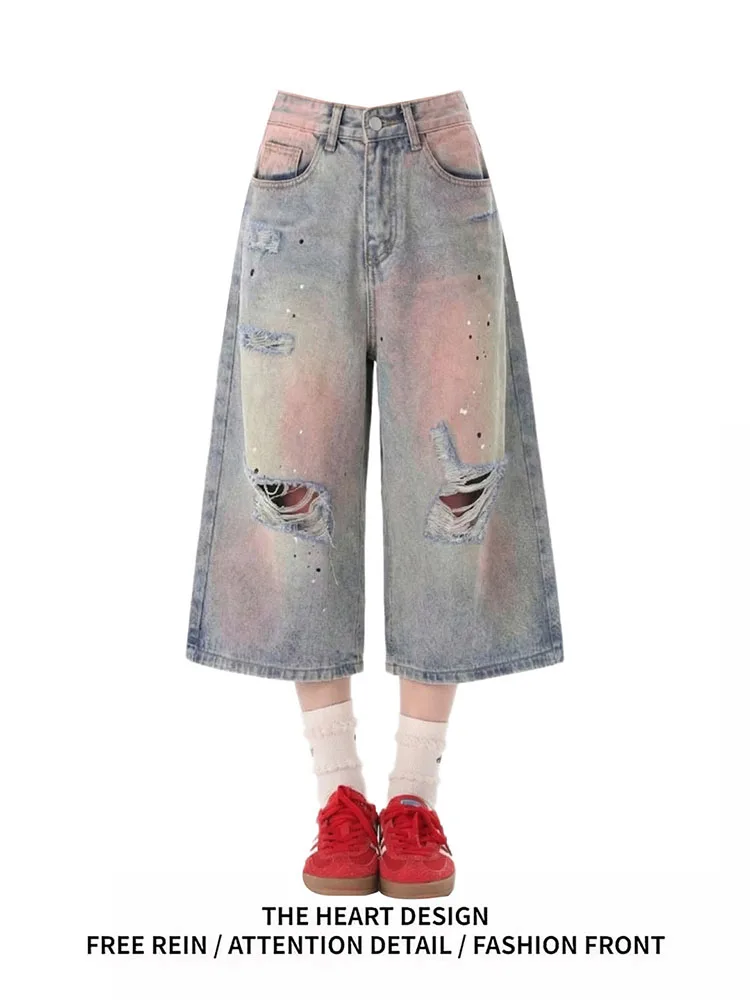 

Retro American Design Distressed Denim Shorts Women Summer New Washed Loose Wide Leg Seven Parts Pants Casual High Waist