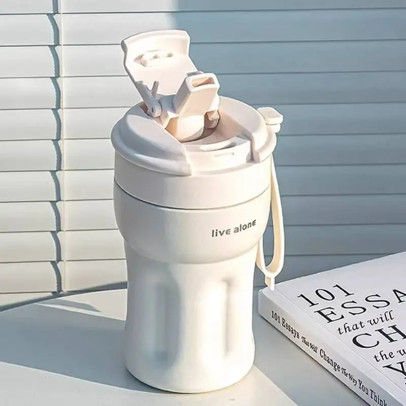 كوب قهوة/زجاجة مياه من الفولاذ المقاوم للصدأ 316 مع كوب، مقبض محمول، قش مزدوج، زجاجة مياه معزولة بسيطة