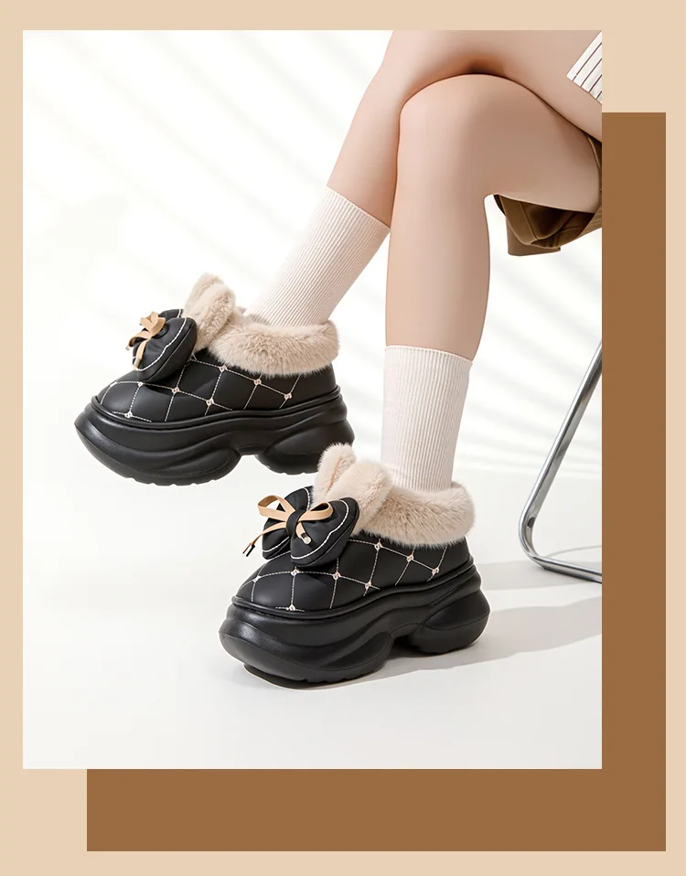 8 cm hohe Pantoffeln für Damen, klobige Plattform, Winter, pelzige Schleifenschuhe, Damen-Hausschuhe aus Kaninchenfell, wasserdichte Hasen-Mules, Clog-Schuhe – Detail 21