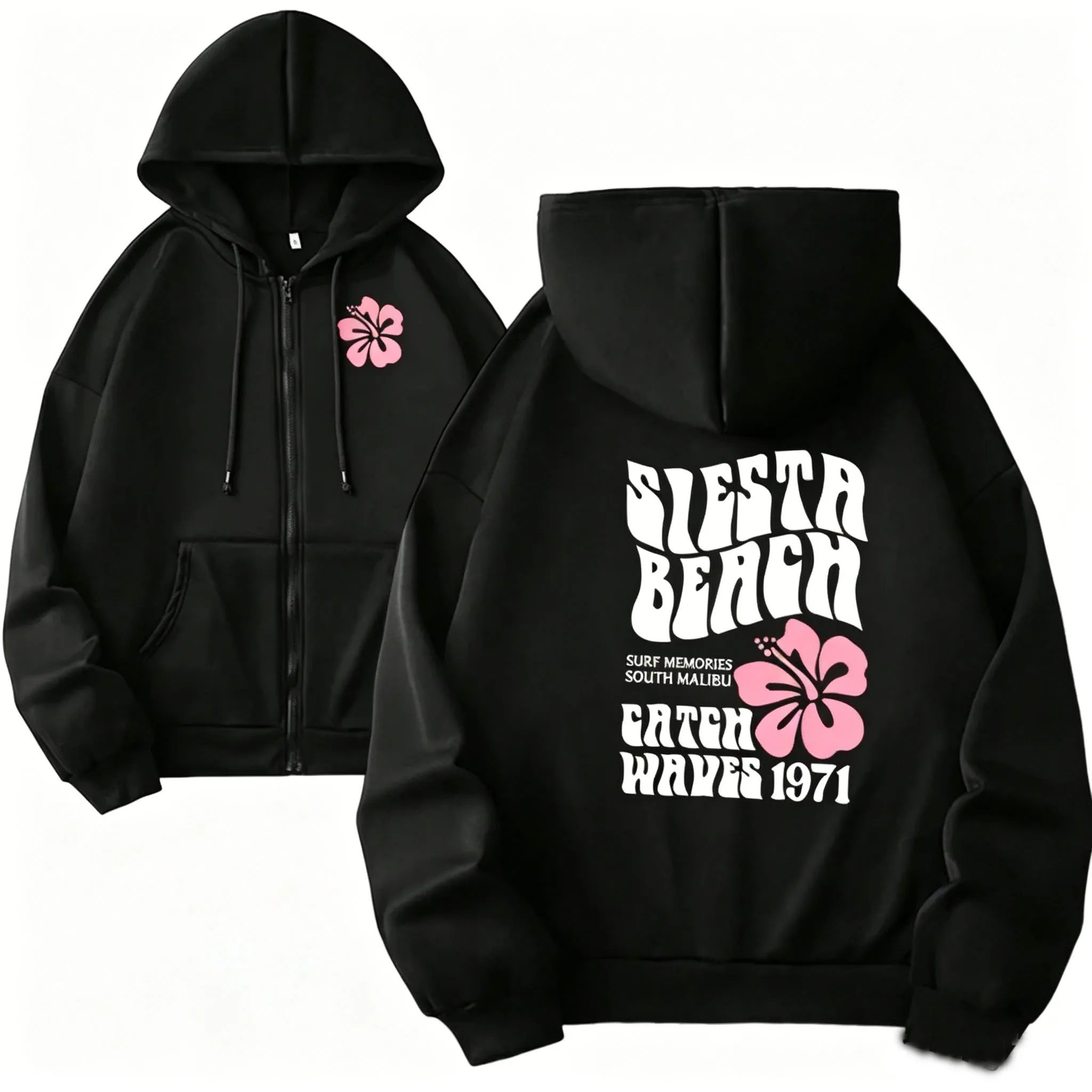 Women Zipper Cardigan Hooded Sweatshirt Jogging Lady Versatile Sport Coat Oversized Hibiscus Beach Casual Hooded Sweat Jacket