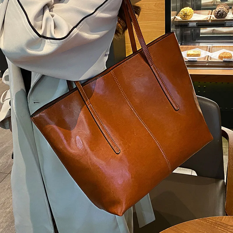 Classic Female Split Leather Tote Bag Oil Waxed Cowhide Leather Retro Women Shoulder Bags Lady Large Capacity Versatile Handbag