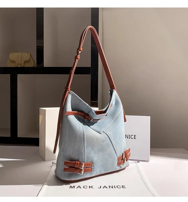 High Quality Women\'s Handbag Blue Denim Fashion Bucket Bag Large Capacity Shoulder Messenger Bag Lady Purse Female Casual Bag