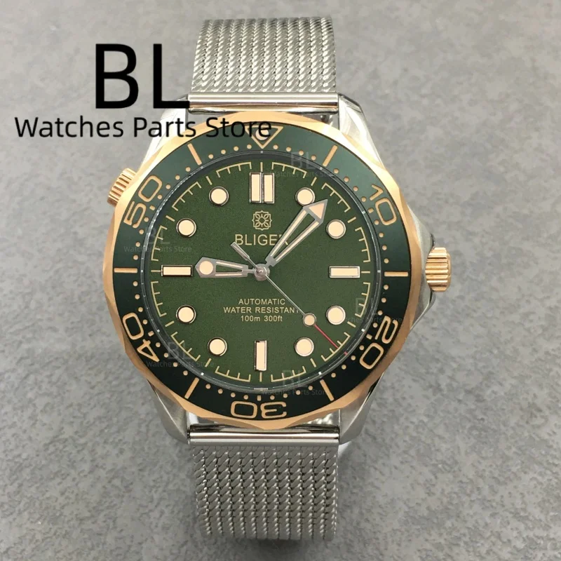 BLIGER 41mm Vintage Bronze Rose Gold Men's 100m Diving Mechanical WristWatch NH35 PT5000 Dark Green Bezel Domed Glass Mesh Strap