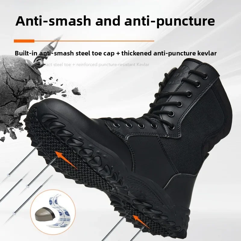 Botas de trabajo de caña alta, completamente negras, para uso en exteriores, resistentes a impactos y perforaciones, con protección contra salpicaduras, antideslizantes, suaves y cómodas.