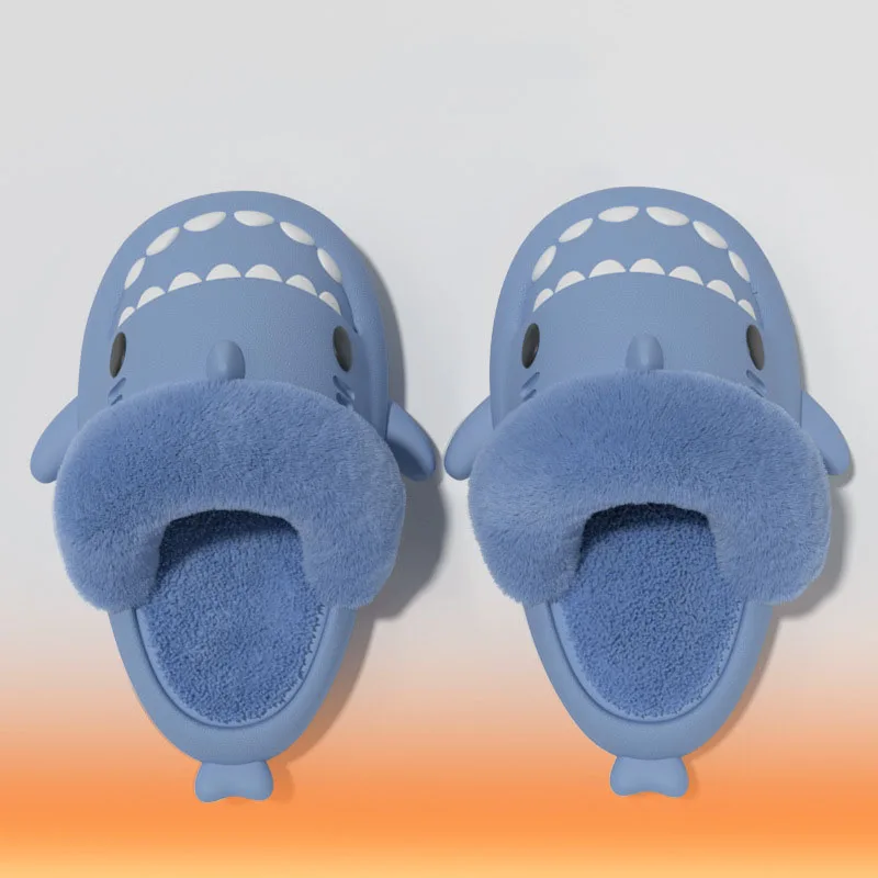 Winter Shark Slippers Women Detachable Washable Warm Plush Indoor Home Furry Cotton Shoes Men Flip Flops Couple Slides Sandals